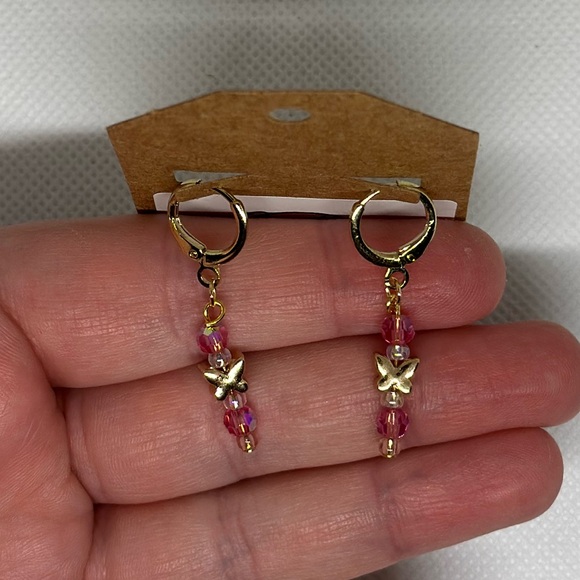 Handmade Gold Round Leverback Earrings with Butterfly and Pink Gemstone Beads - Picture 3 of 3
